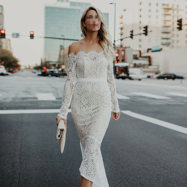 Women Elegant Off Shoulder Lace Long Mermaid Dress Wedding Bridesmaid Formal