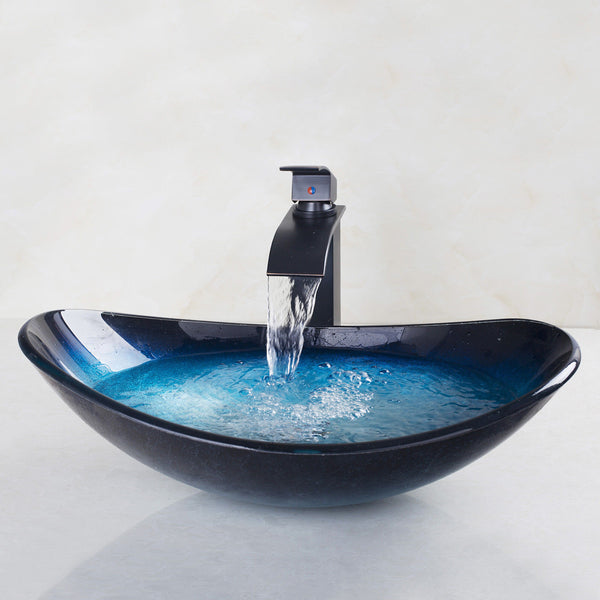 Tempered Glass Vessel Bathroom Toilet Sink Waterfall Faucet Pop Drain Combo Tap