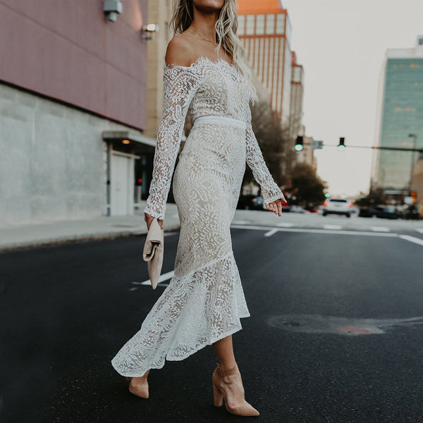 Women Elegant Off Shoulder Lace Long Mermaid Dress Wedding Bridesmaid Formal