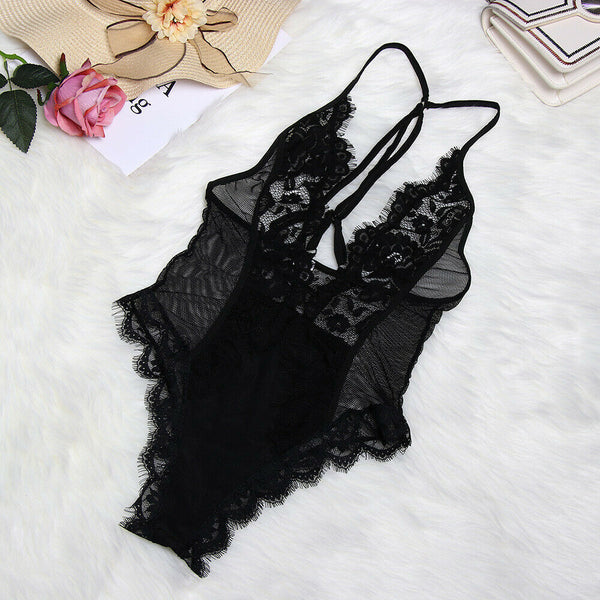 Halter Babydoll Plus Big V Size Women Sexy Lingerie Lace Bodysuit Teddies Wear