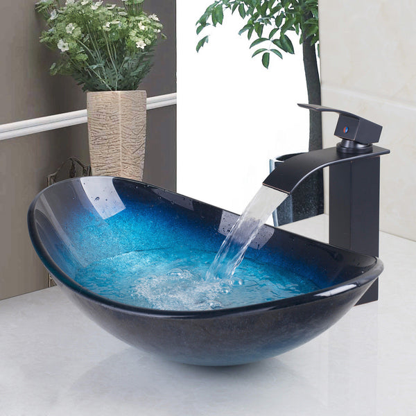 Tempered Glass Vessel Bathroom Toilet Sink Waterfall Faucet Pop Drain Combo Tap