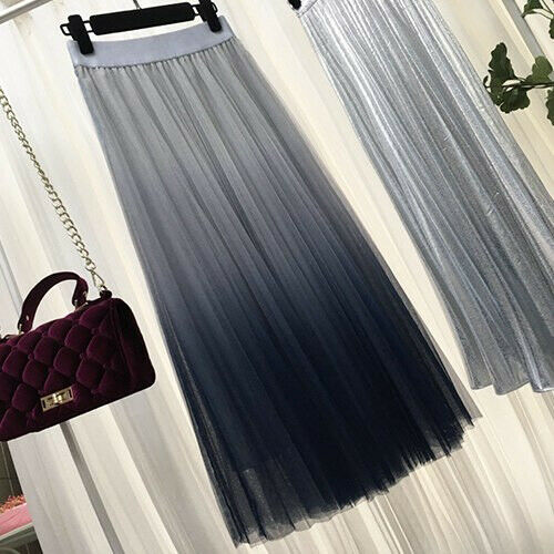 Tulle Summer Skirt Mid Calf Gradient Elegant High Waist A-line Pleated Skirts
