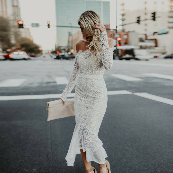 Women Elegant Off Shoulder Lace Long Mermaid Dress Wedding Bridesmaid Formal