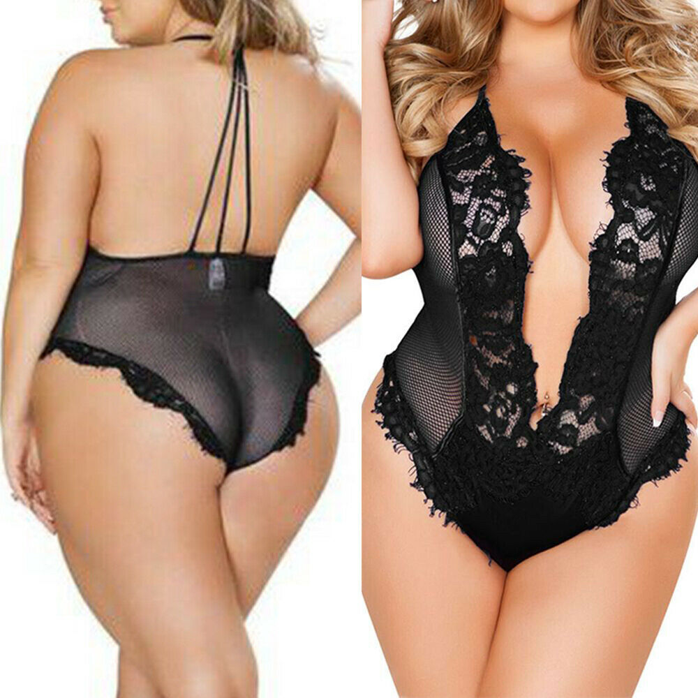 Halter Babydoll Plus Big V Size Women Sexy Lingerie Lace Bodysuit Teddies Wear
