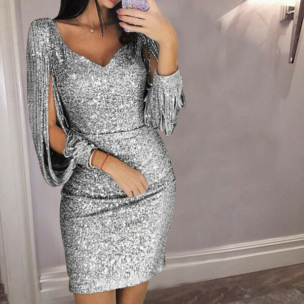 Women Sexy Deep V Sequined Sheath Long Sleeve Bodycon Cocktail Party Mini Dress