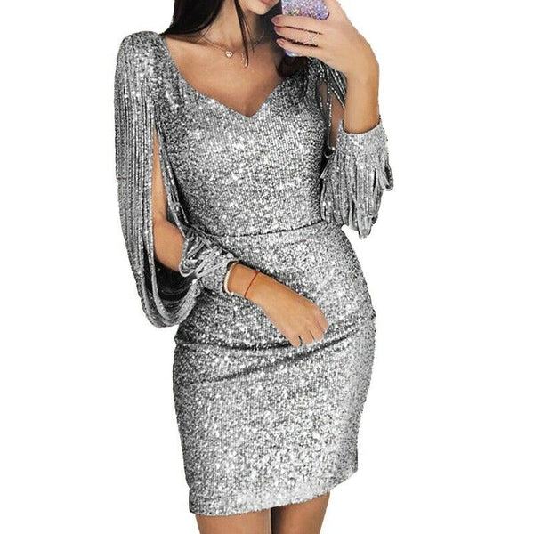 Women Sexy Deep V Sequined Sheath Long Sleeve Bodycon Cocktail Party Mini Dress