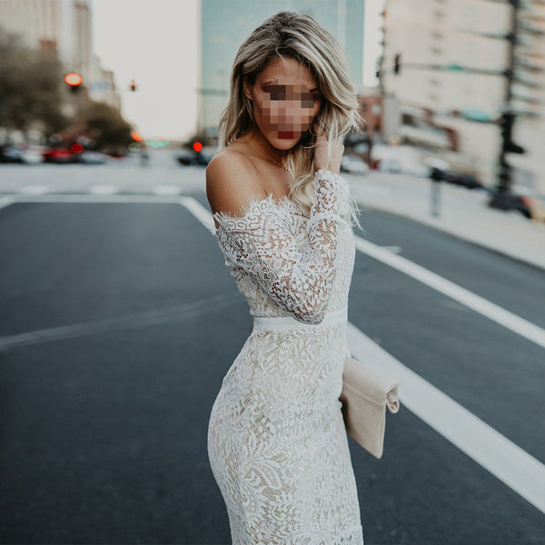 Women Elegant Off Shoulder Lace Long Mermaid Dress Wedding Bridesmaid Formal