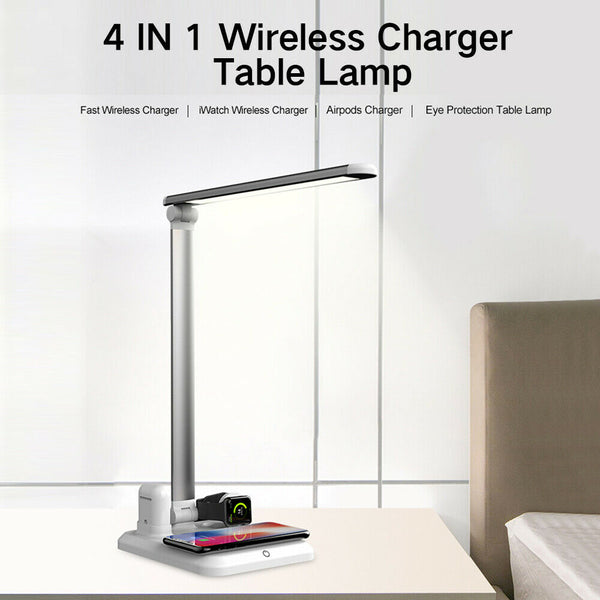 4 in 1 LED Wireless Charger Desk Lamp 3Modes Touch Dimmable w/USB Charging Port