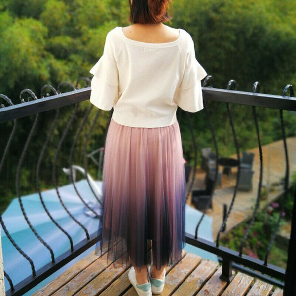 Tulle Summer Skirt Mid Calf Gradient Elegant High Waist A-line Pleated Skirts