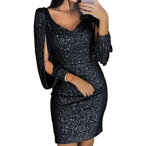 Women Sexy Deep V Sequined Sheath Long Sleeve Bodycon Cocktail Party Mini Dress