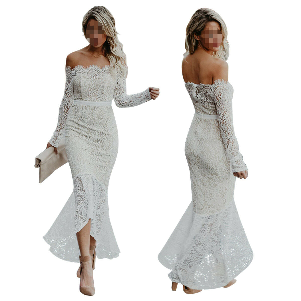 Women Elegant Off Shoulder Lace Long Mermaid Dress Wedding Bridesmaid Formal