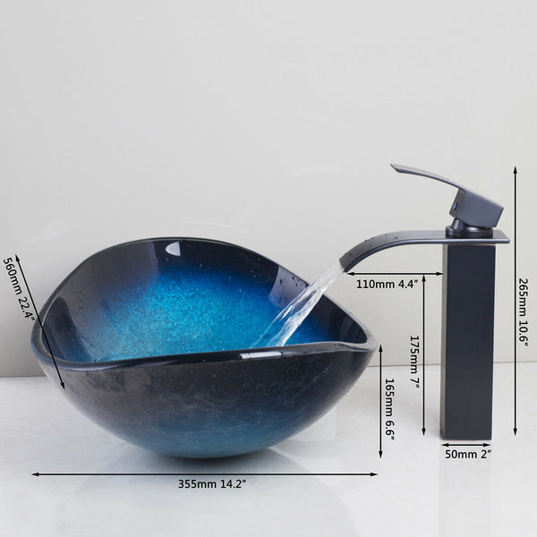 Tempered Glass Vessel Bathroom Toilet Sink Waterfall Faucet Pop Drain Combo Tap