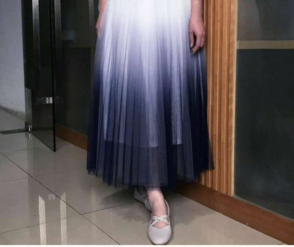 Tulle Summer Skirt Mid Calf Gradient Elegant High Waist A-line Pleated Skirts