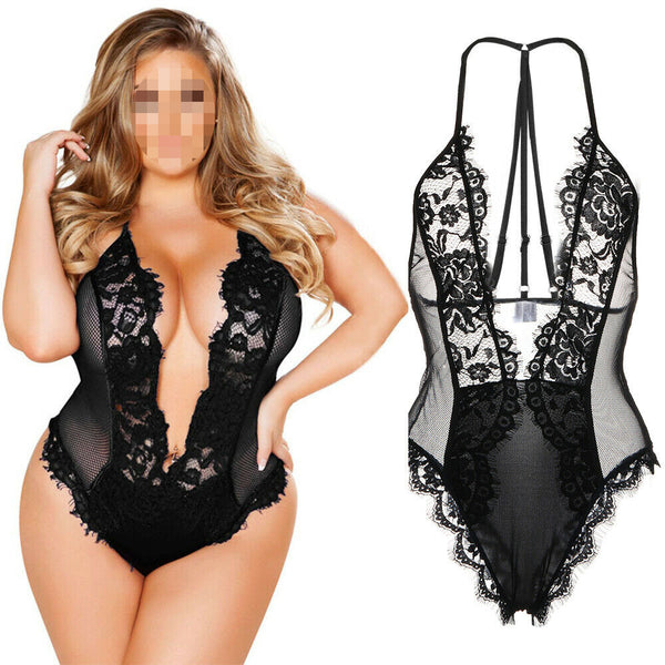 Halter Babydoll Plus Big V Size Women Sexy Lingerie Lace Bodysuit Teddies Wear