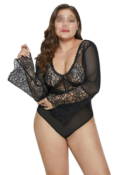 Stretchy Black Bell Sleeve Lace Mesh Plus Size Teddy Lingerie Bodysuit w/ Thong
