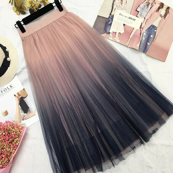 Tulle Summer Skirt Mid Calf Gradient Elegant High Waist A-line Pleated Skirts